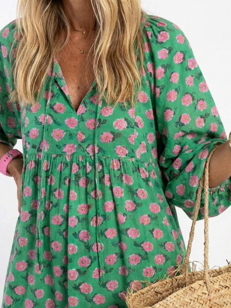 Fiora | Floral Print V-Ausschnitt Tiered Midi Kleid