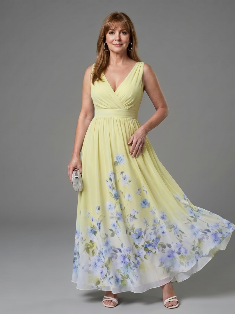 Clarissa | Ärmelloses V-Ausschnitt Midi-Kleid mit weichem floralem Saum
