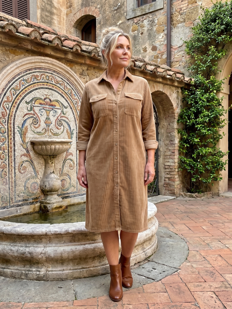 Pema | Midi-Kleid mit langen Ärmeln und aufgesetzten Taschen