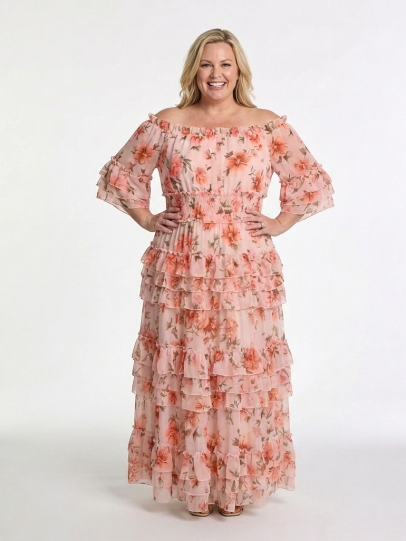Rosalie | Off-Shoulder Blumenrüsch Tiered Maxikleid