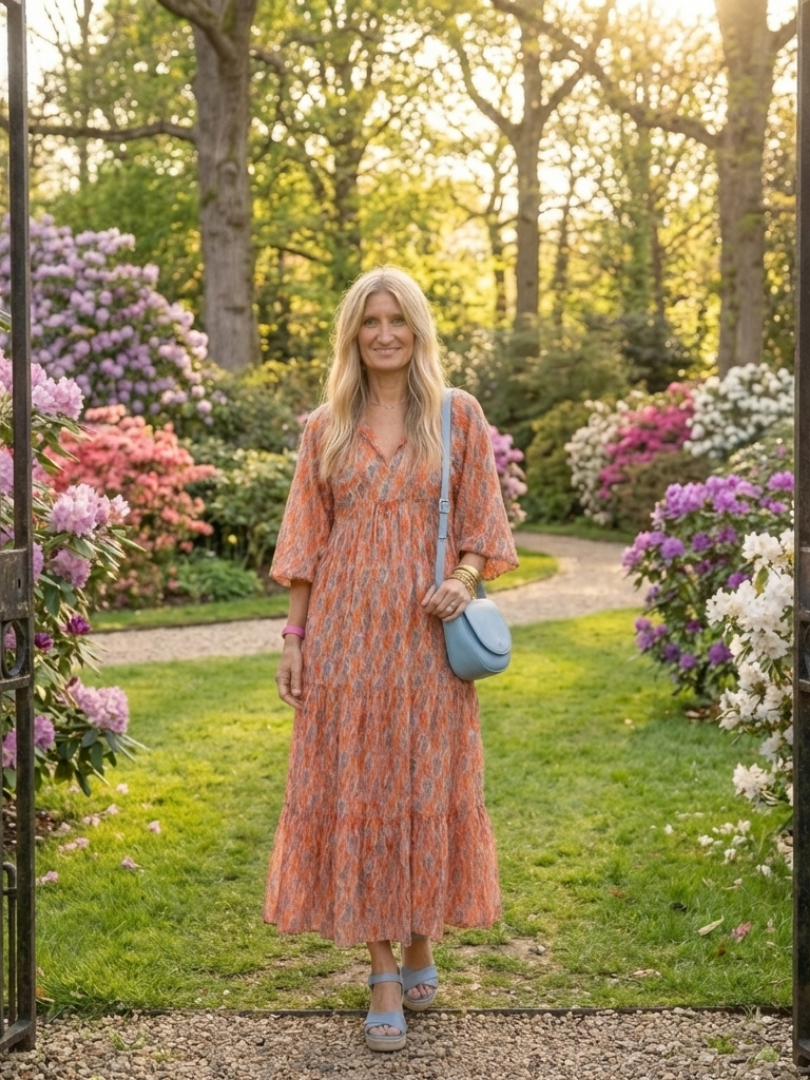 Amara | Geometrisches Druck V-Ausschnitt Midi Kleid