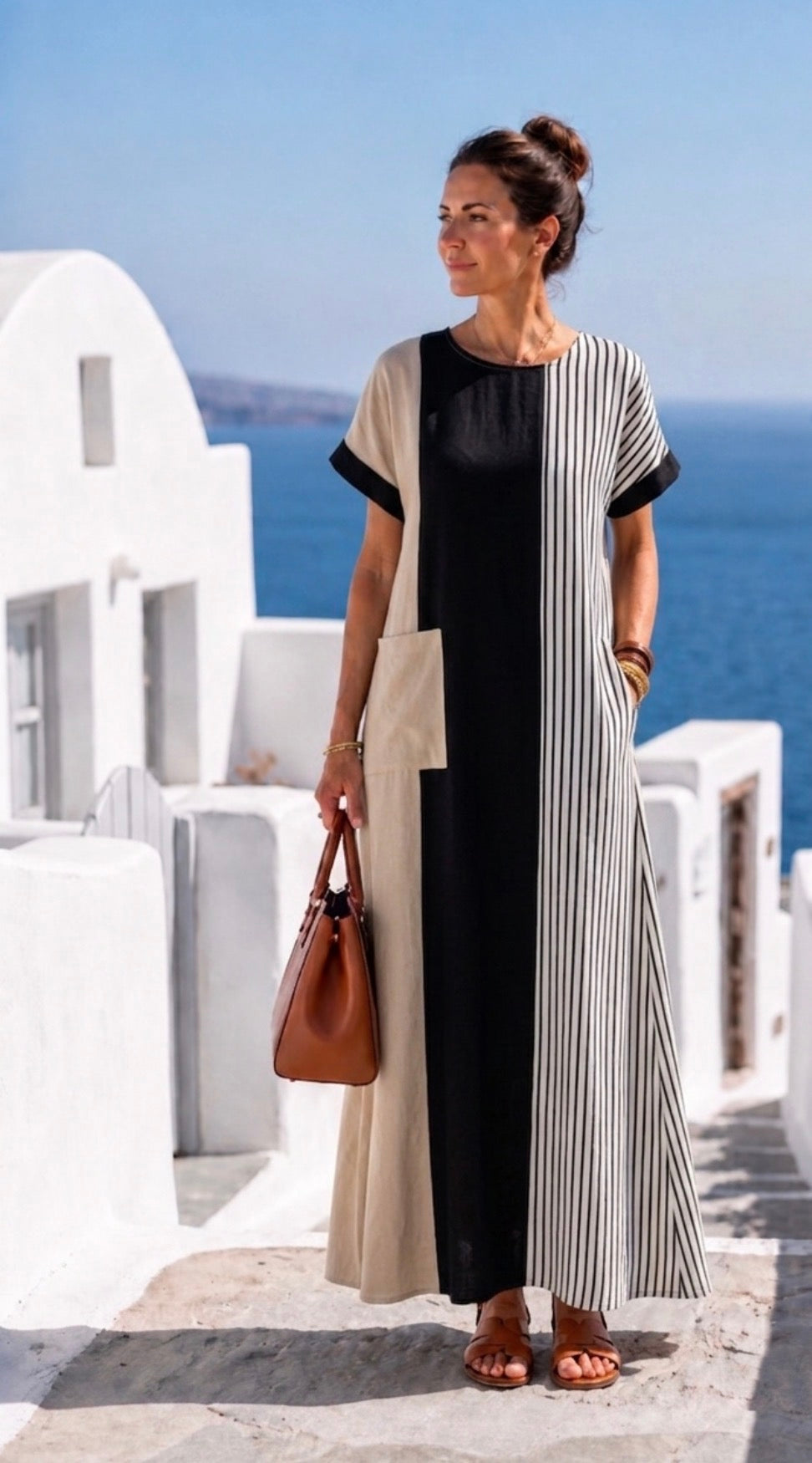 Elara | Rundhals Kurzarm Gestreiftes Maxikleid