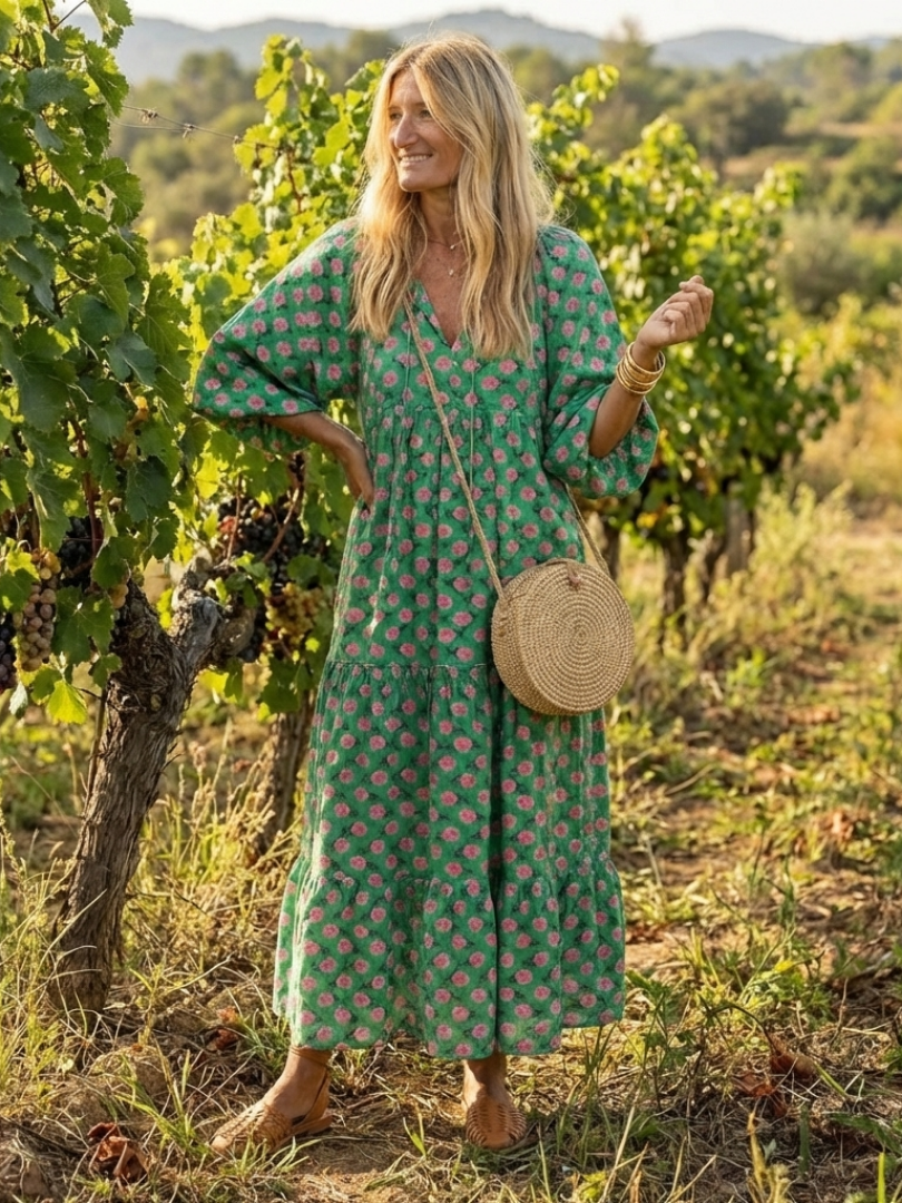 Fiora | Floral Print V-Ausschnitt Tiered Midi Kleid