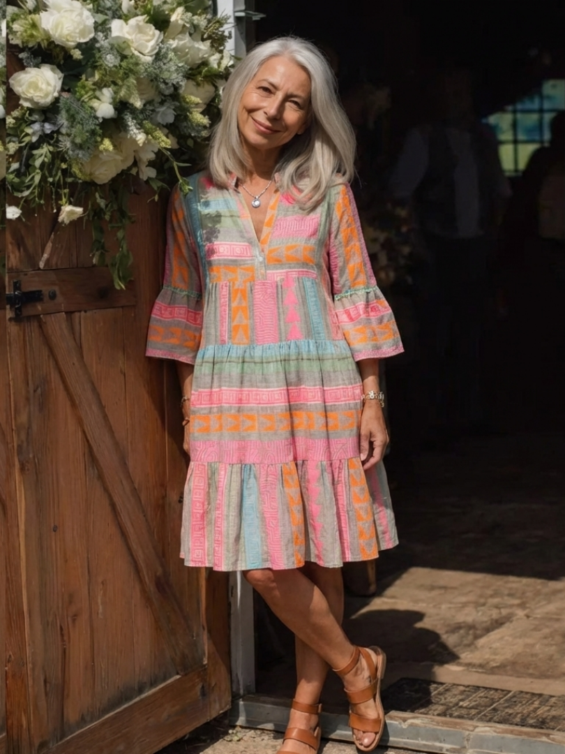 Maelle | Geometrisches Print V-Ausschnitt Schichtkleid in knielanger Länge