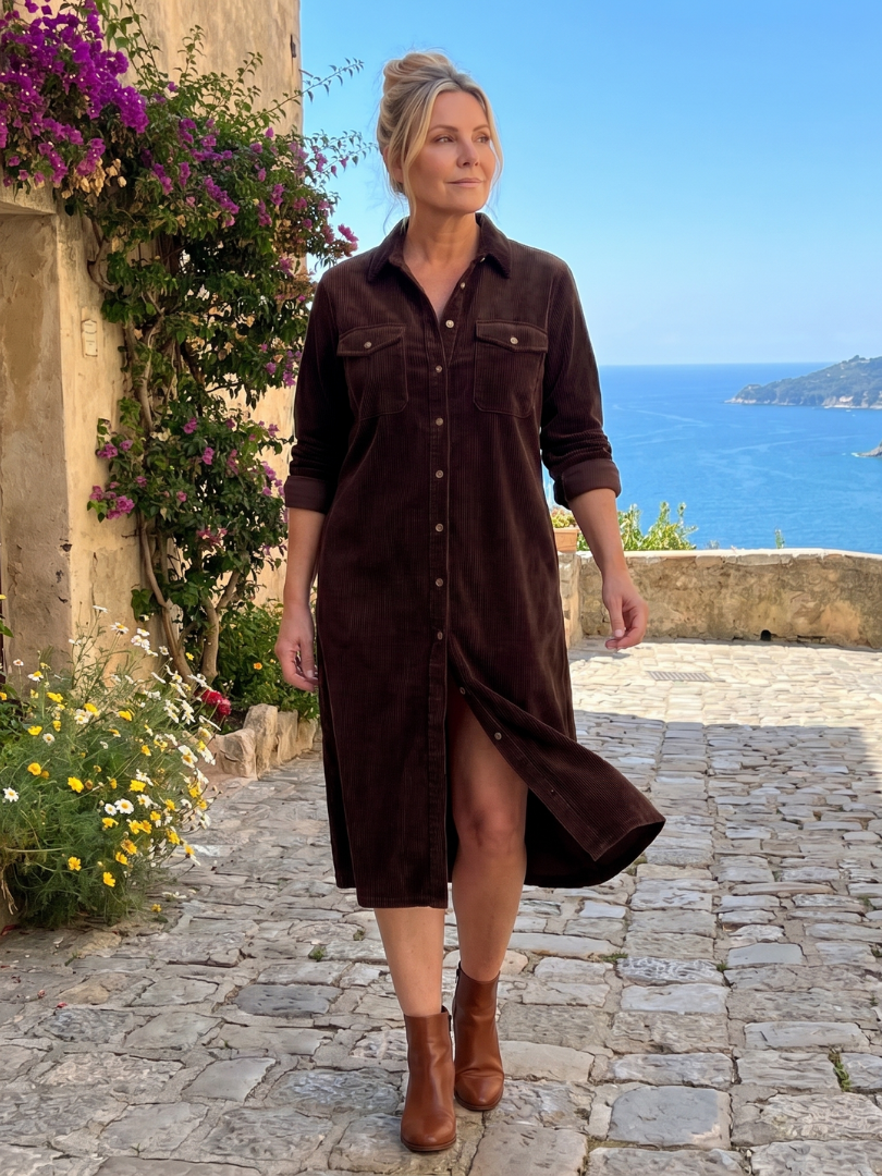 Pema | Midi-Kleid mit langen Ärmeln und aufgesetzten Taschen