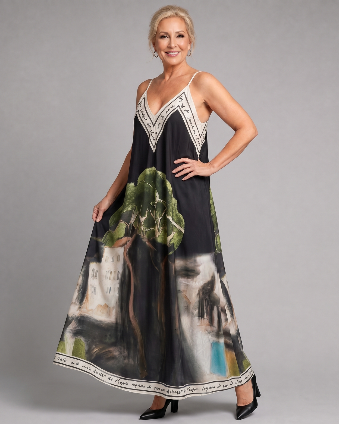 Lira | Scenic Print Ärmelloses Fließendes Midi-Kleid