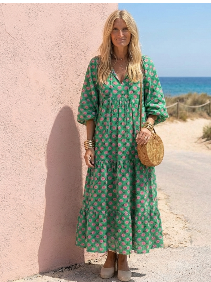 Fiora | Floral Print V-Ausschnitt Tiered Midi Kleid