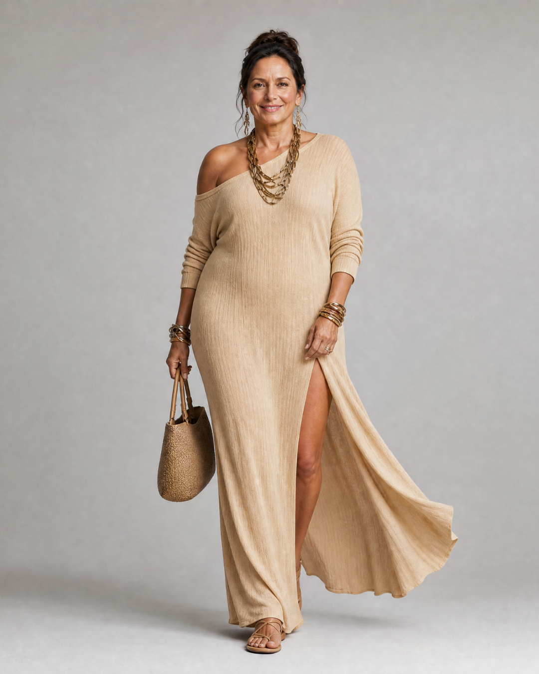 Asterelle | Einseitig Schulterfreies, Fließendes Midi-Kleid mit Schlitz