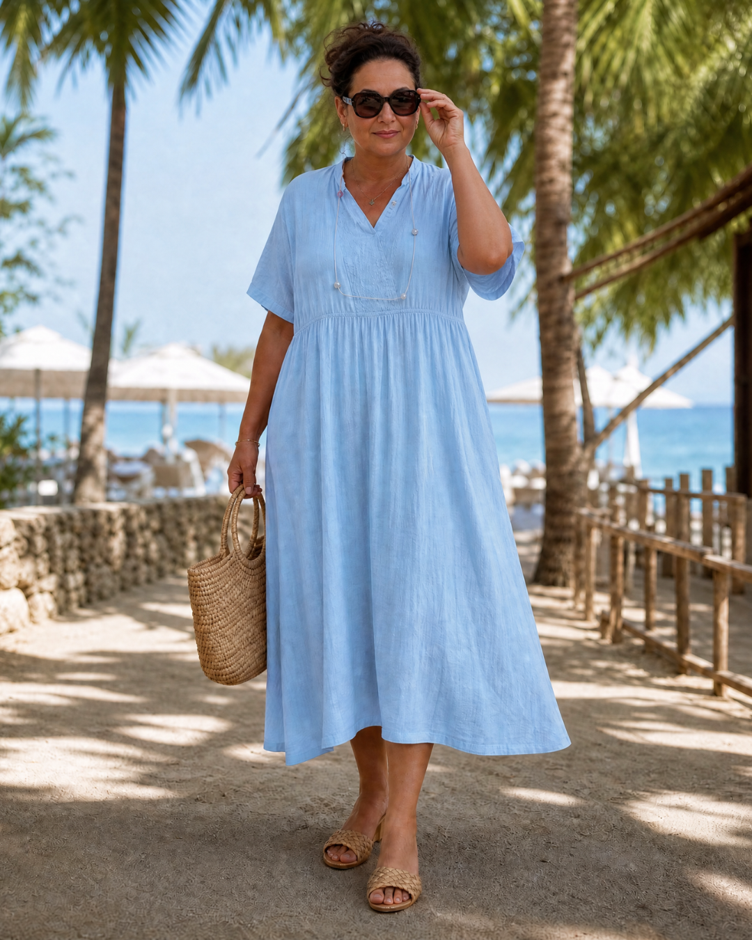 Eupherene | Texturiertes V-Ausschnitt Entspanntes Kurzarm Midi-Kleid