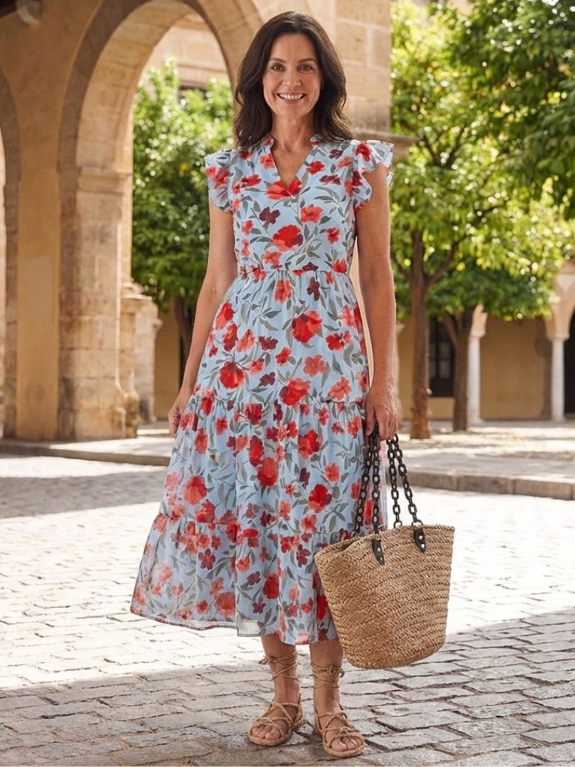 Lila | Florales V-Ausschnitt Stufen-Midi-Kleid