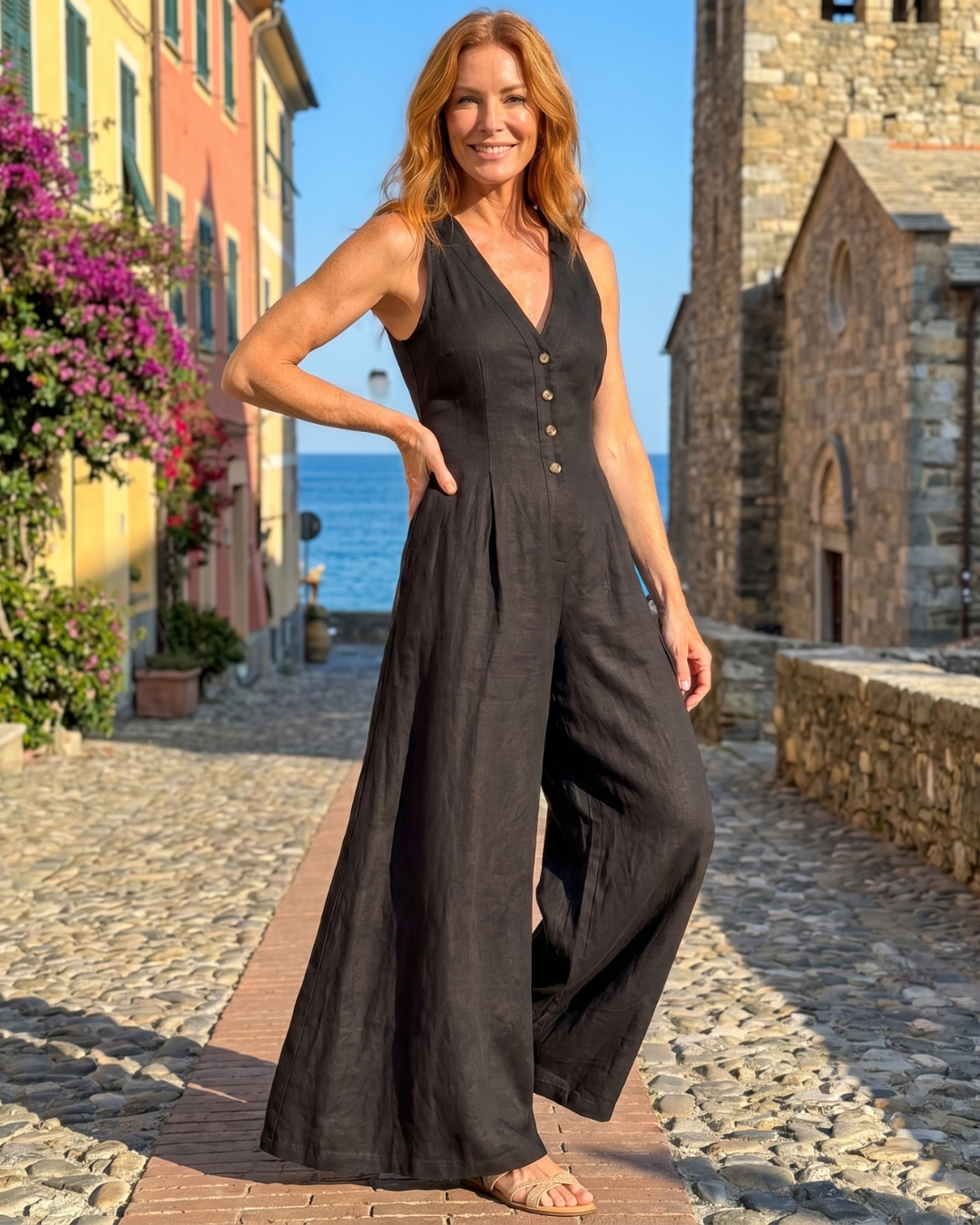 Lyssara | Ärmelloser Jumpsuit mit Knopfleiste und weitem Bein