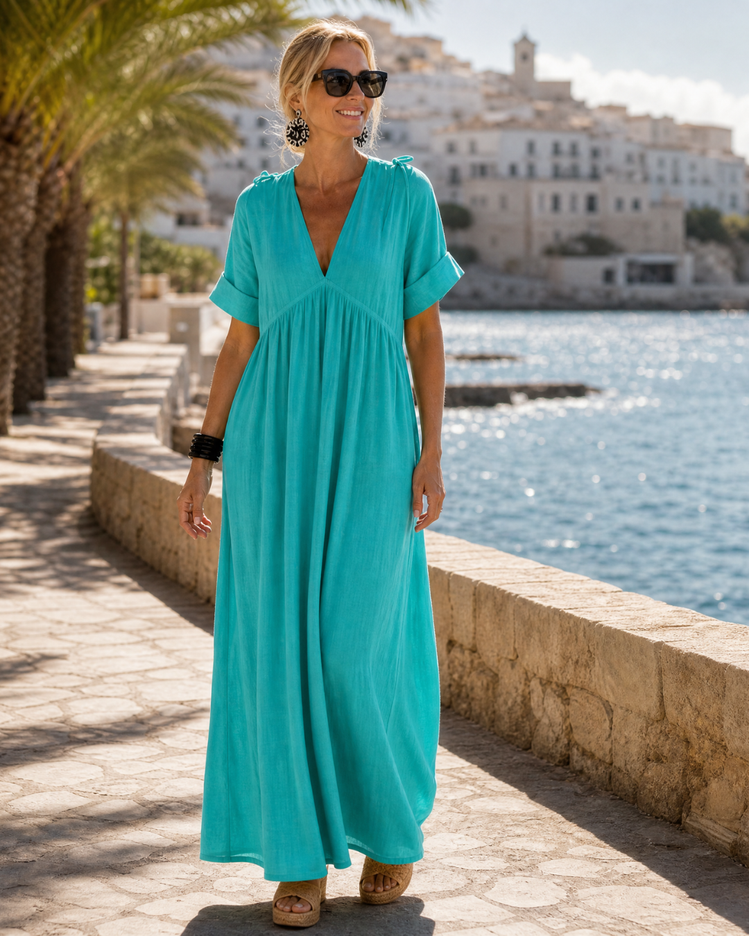 Zomla | Texturiertes V-Ausschnitt Midi-Kleid mit kurzen Ärmeln
