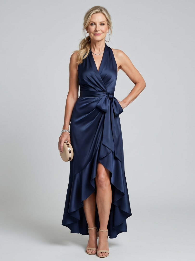 Honora | Halterneck Wickelkleid mit asymmetrischem Saum