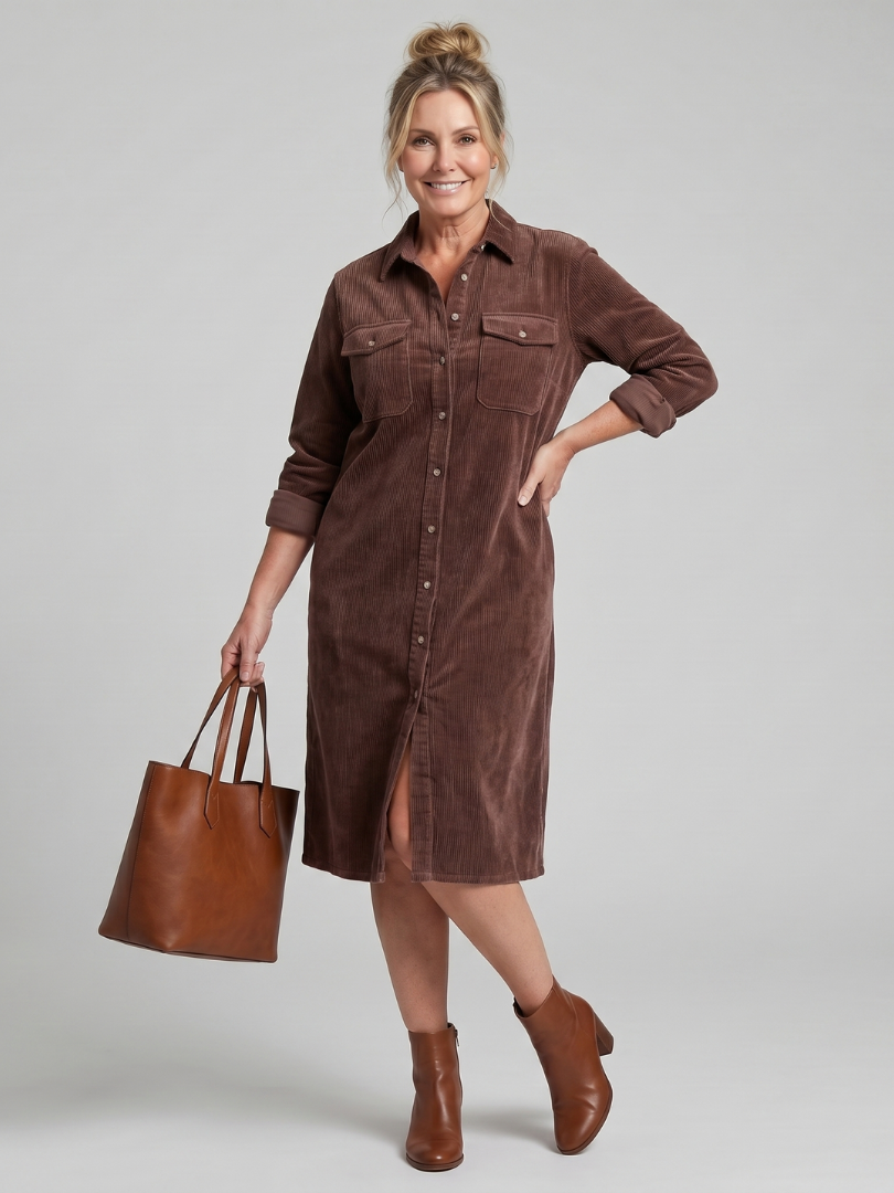 Pema | Midi-Kleid mit langen Ärmeln und aufgesetzten Taschen