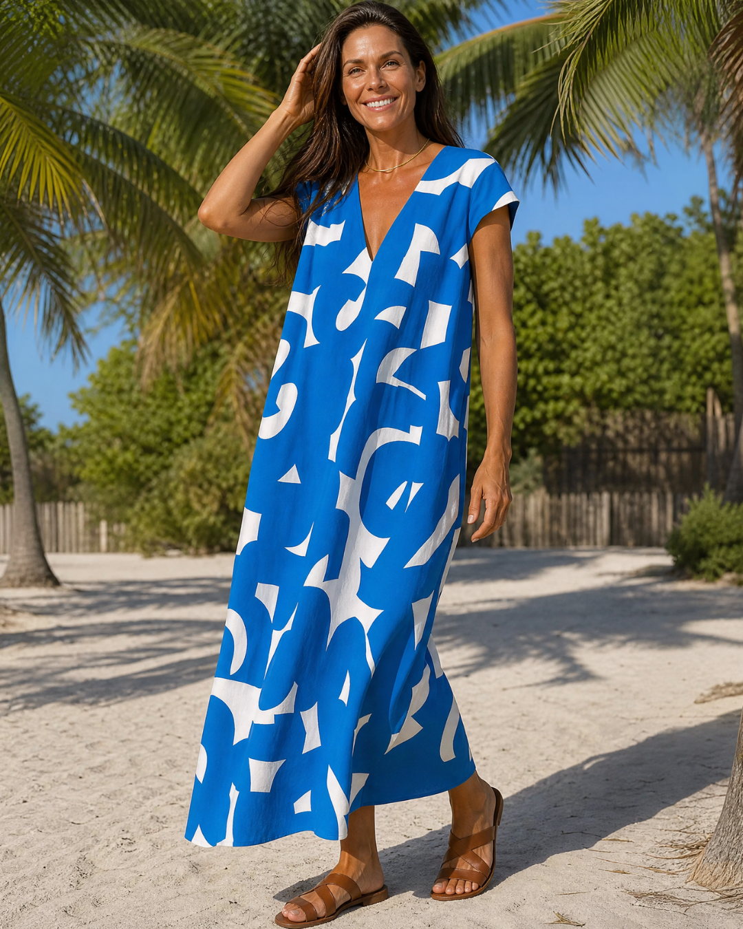 Verain | Abstraktes Print V-Ausschnitt Fließendes Midi-Kleid