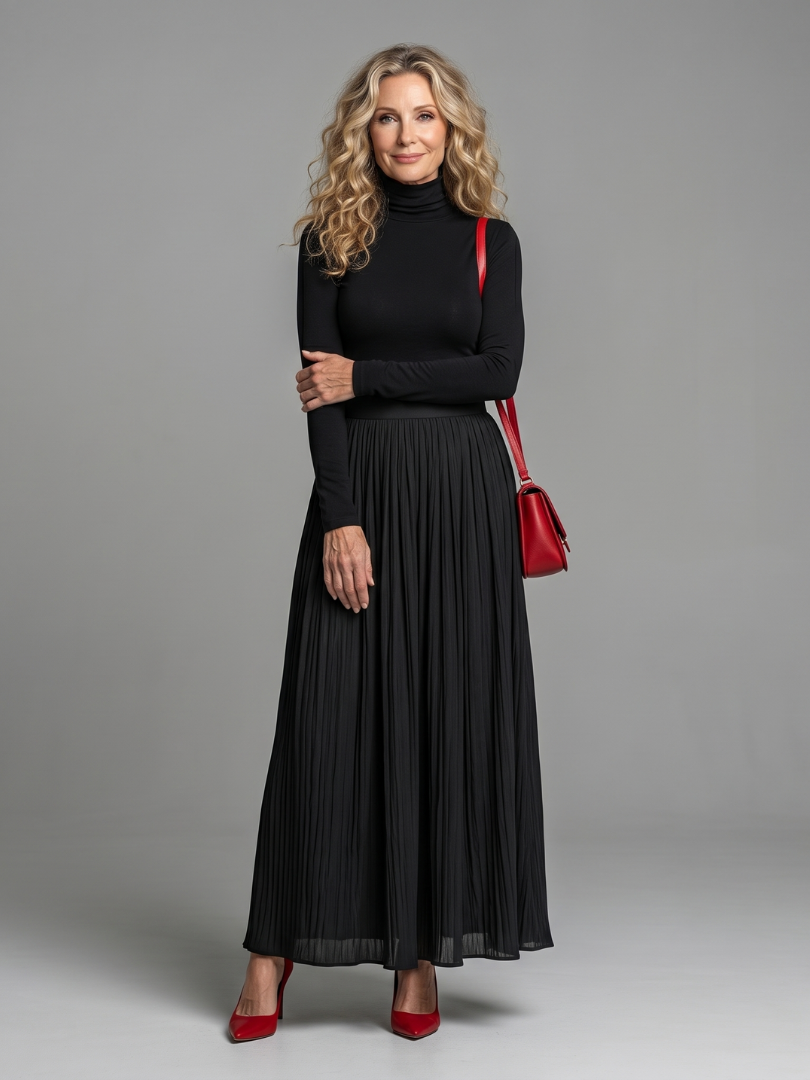 Lana | Langärmliges Turtleneck Kleid mit definiertem Taillenbereich und Midi-Länge