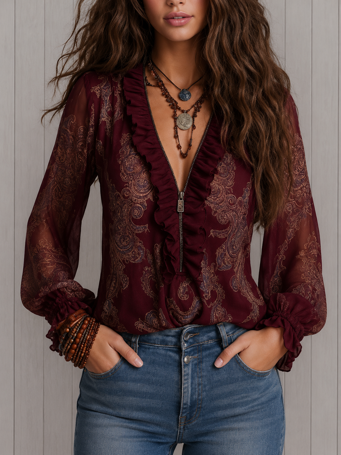 Elise | Barock Paisley Rüschenshirt aus Chiffon