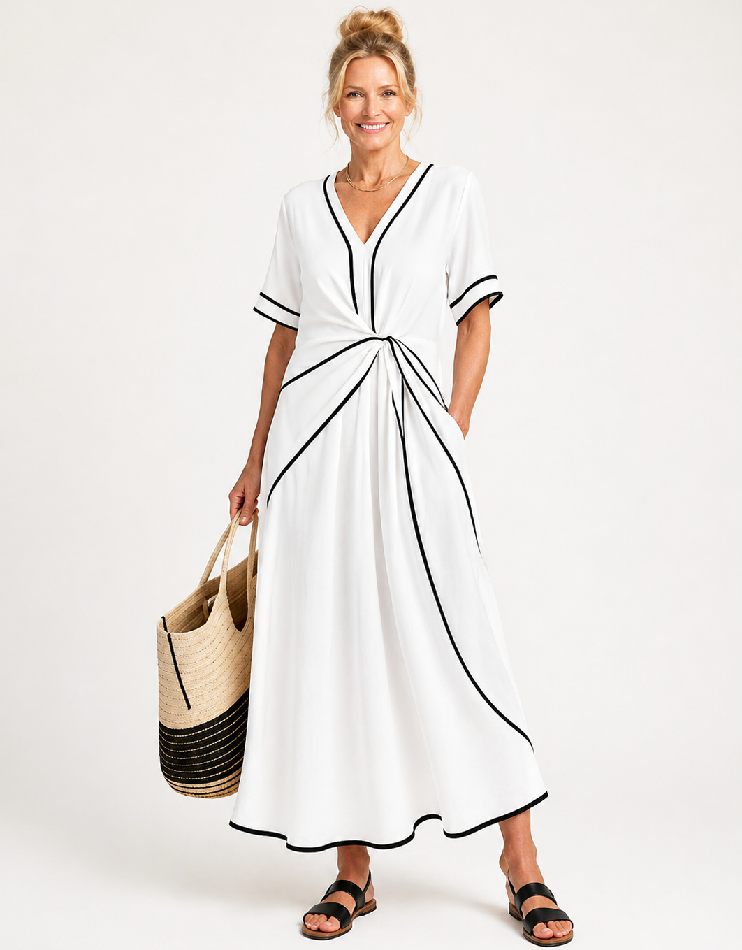 Linnea | V-Ausschnitt Kurzarm Geraffte Taille Midi Kleid