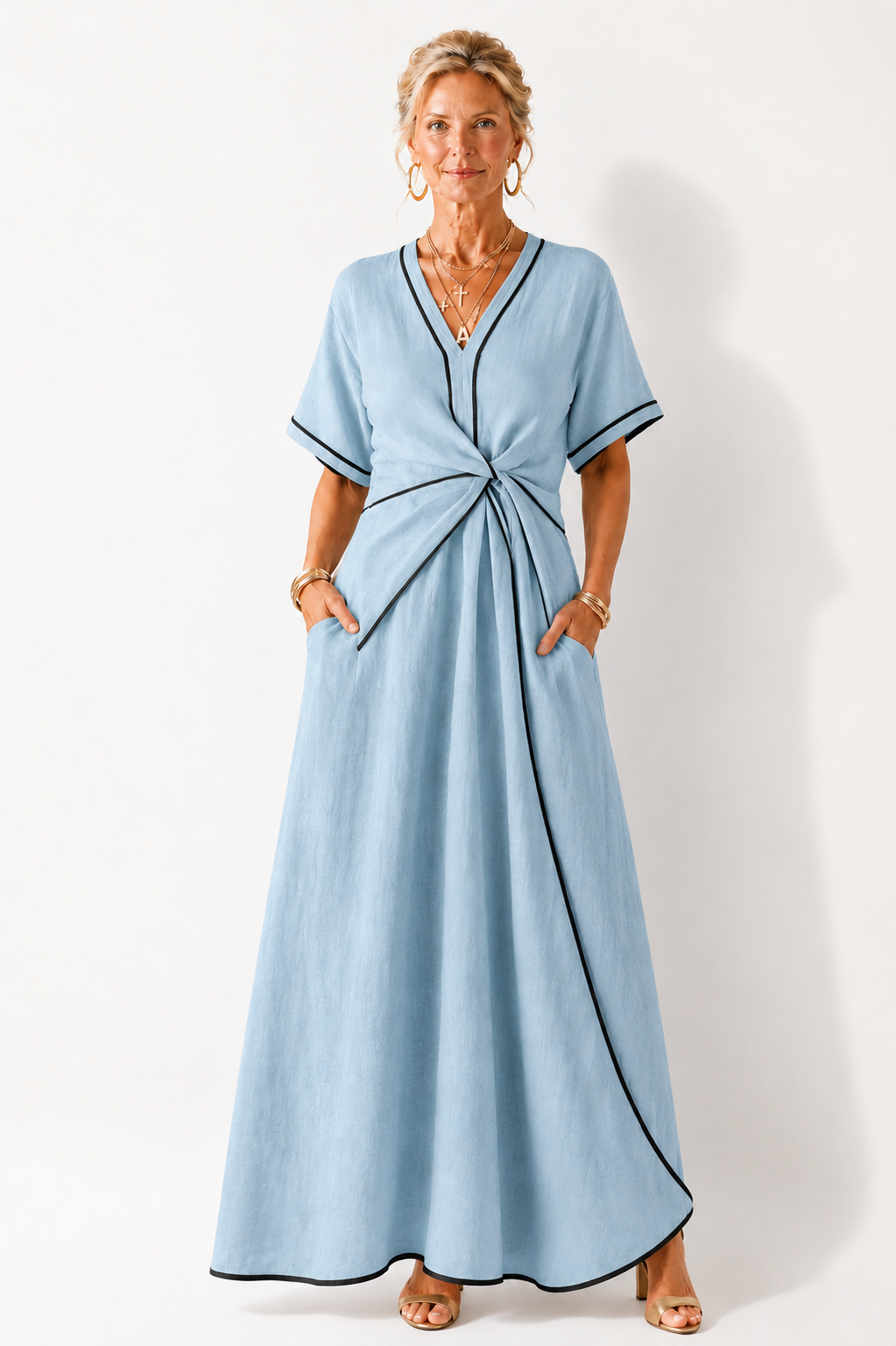 Linnea | V-Ausschnitt Kurzarm Geraffte Taille Midi Kleid