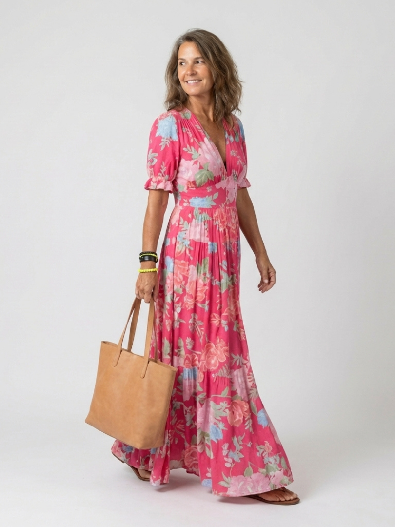Ione | Kurzarm V-Ausschnitt Blumen Midi Kleid