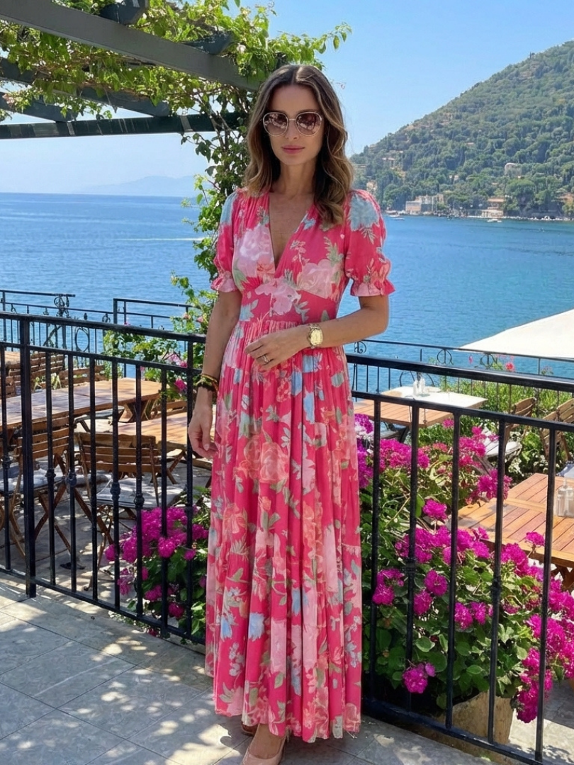 Ione | Kurzarm V-Ausschnitt Blumen Midi Kleid