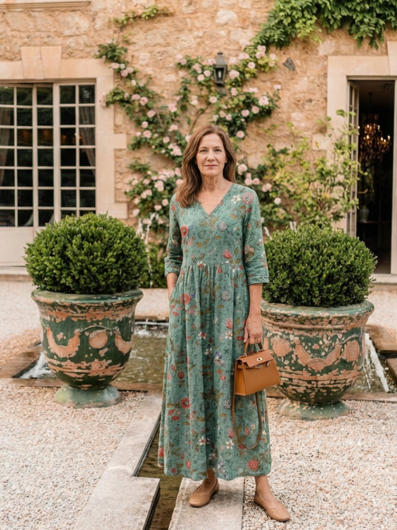 Marina | Florales V-Ausschnitt Maxikleid mit Dreiviertelärmeln