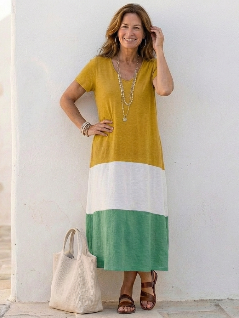 Thalia | Kurzärmliges Color Block V-Ausschnitt Midi-Kleid