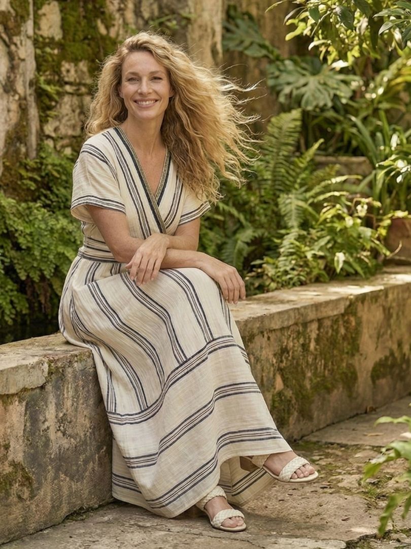 Thalassa | V-Ausschnitt Kurzarm Wickel Taille Midi Kleid