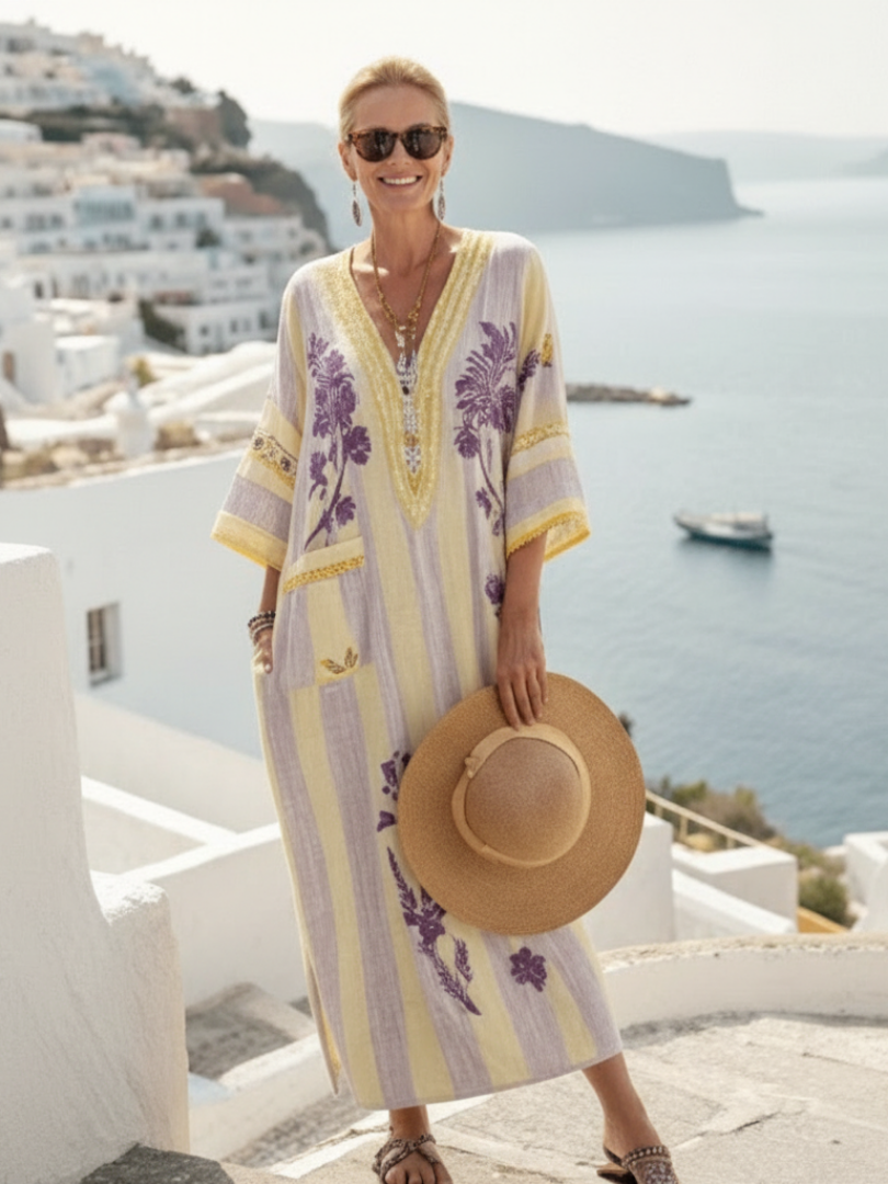 Aurelia | V-Ausschnitt Maxikleid mit halben Ärmeln und Streifenmuster