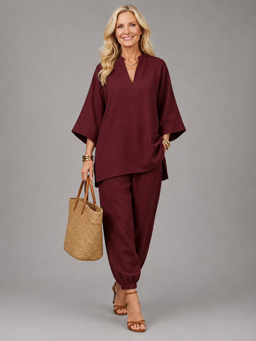 Georgiana | V-Ausschnitt Tunika mit Gathered Hose Set