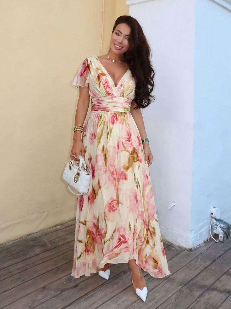 Elara | V-Ausschnitt Kurzarm Blumen Maxi Kleid