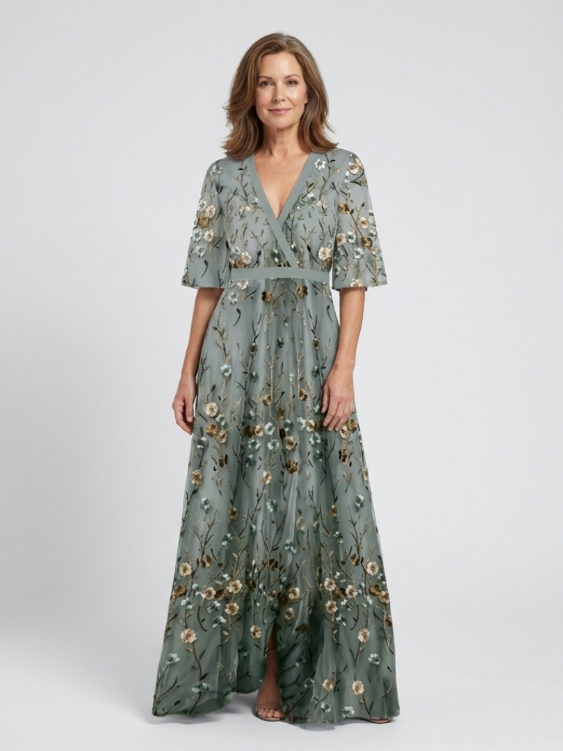 Evadne | Florales V-Ausschnitt Maxikleid mit kurzen Ärmeln