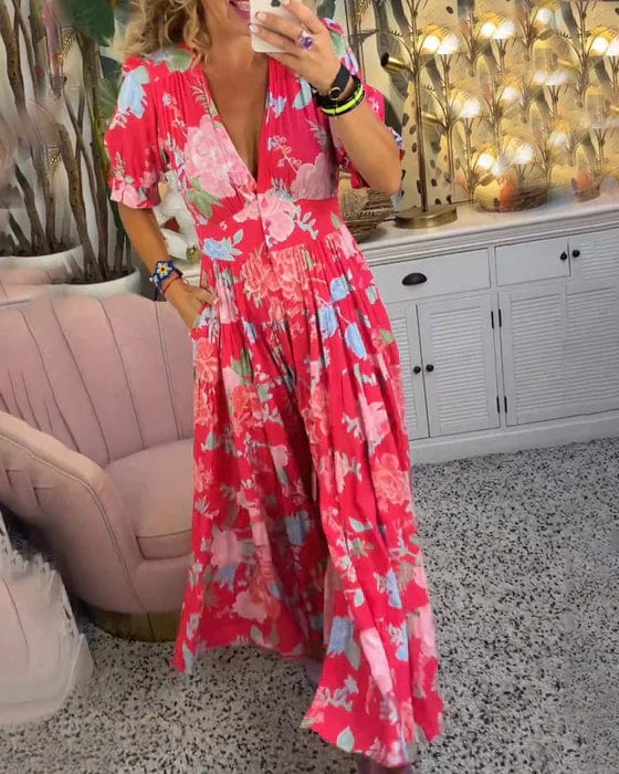 Isabeau - Bequemes langes Kleid mit V-Ausschnitt und Taschen