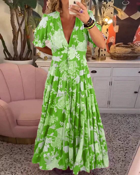 Isabeau - Bequemes langes Kleid mit V-Ausschnitt und Taschen