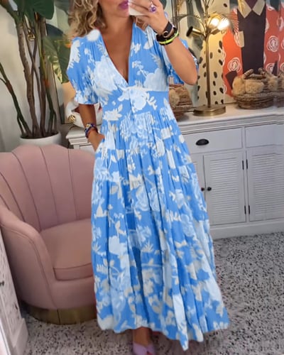 Isabeau - Bequemes langes Kleid mit V-Ausschnitt und Taschen