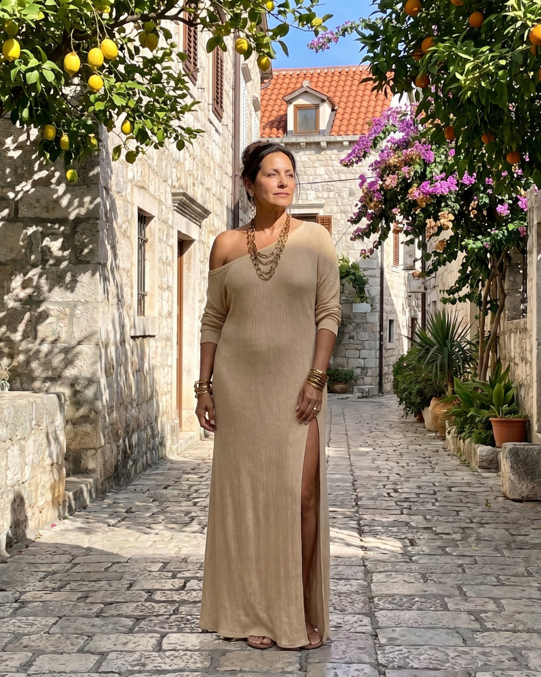 Asterelle | Einseitig Schulterfreies, Fließendes Midi-Kleid mit Schlitz
