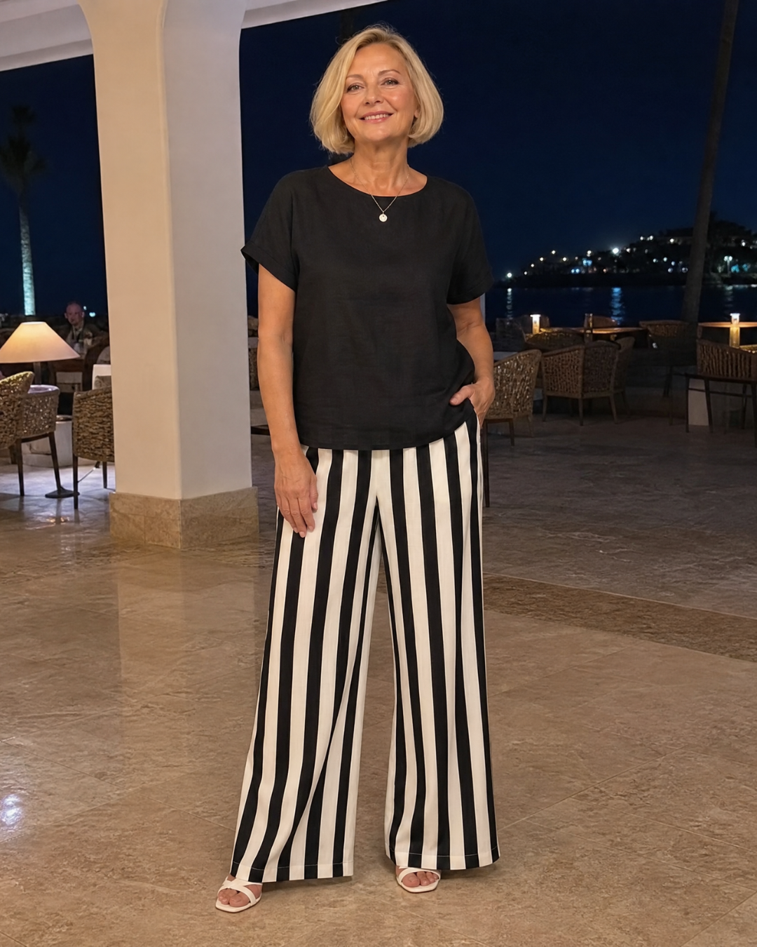 Miolna | Leinenmischung Top und gestreifte weite Hose Set