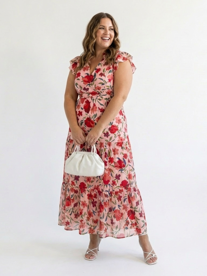 Lila | Florales V-Ausschnitt Stufen-Midi-Kleid