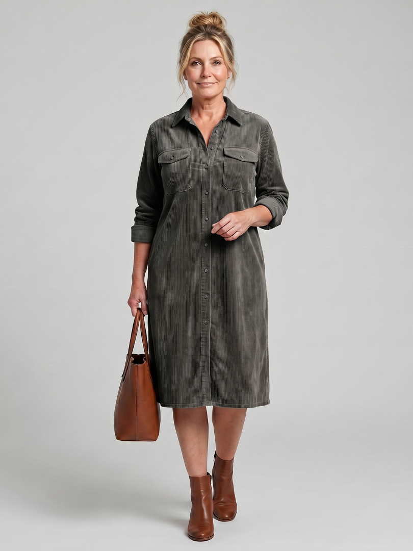 Pema | Midi-Kleid mit langen Ärmeln und aufgesetzten Taschen