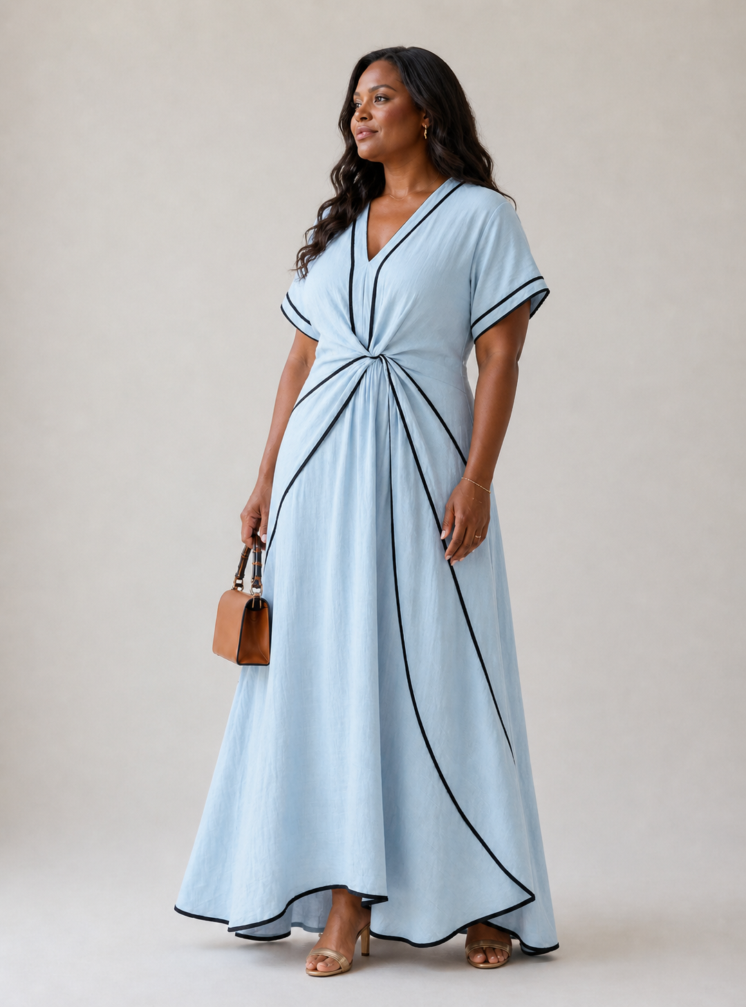 Linnea | V-Ausschnitt Kurzarm Geraffte Taille Midi Kleid