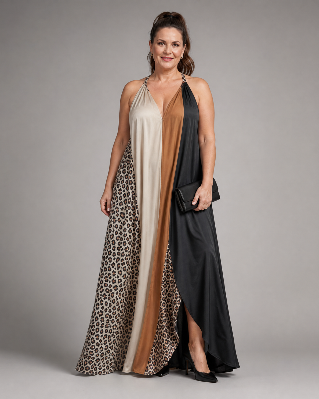 Zephielle | Farbblock Tierdruck Halter Fließendes Maxikleid