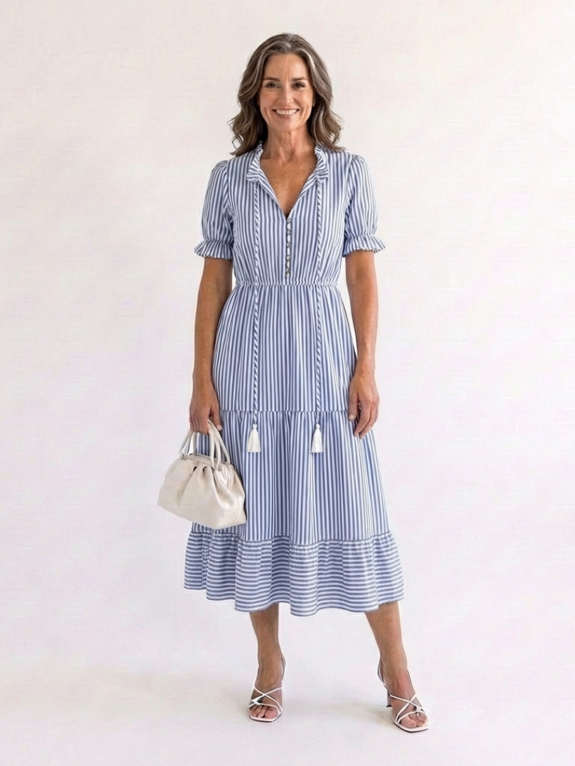 Dakota | Kurzärmliges gestreiftes, schichtetes Midikleid