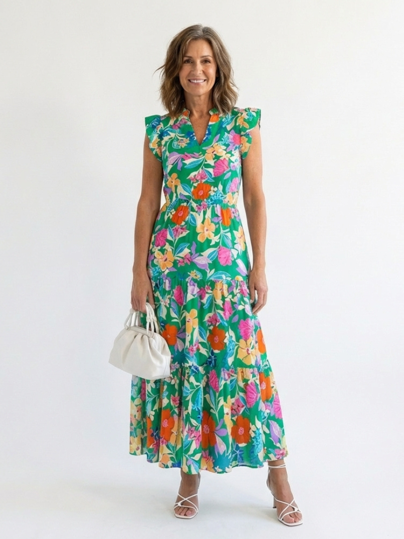 Lila | Florales V-Ausschnitt Stufen-Midi-Kleid