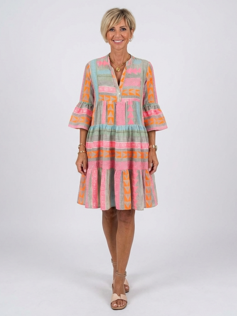 Maelle | Geometrisches Print V-Ausschnitt Schichtkleid in knielanger Länge