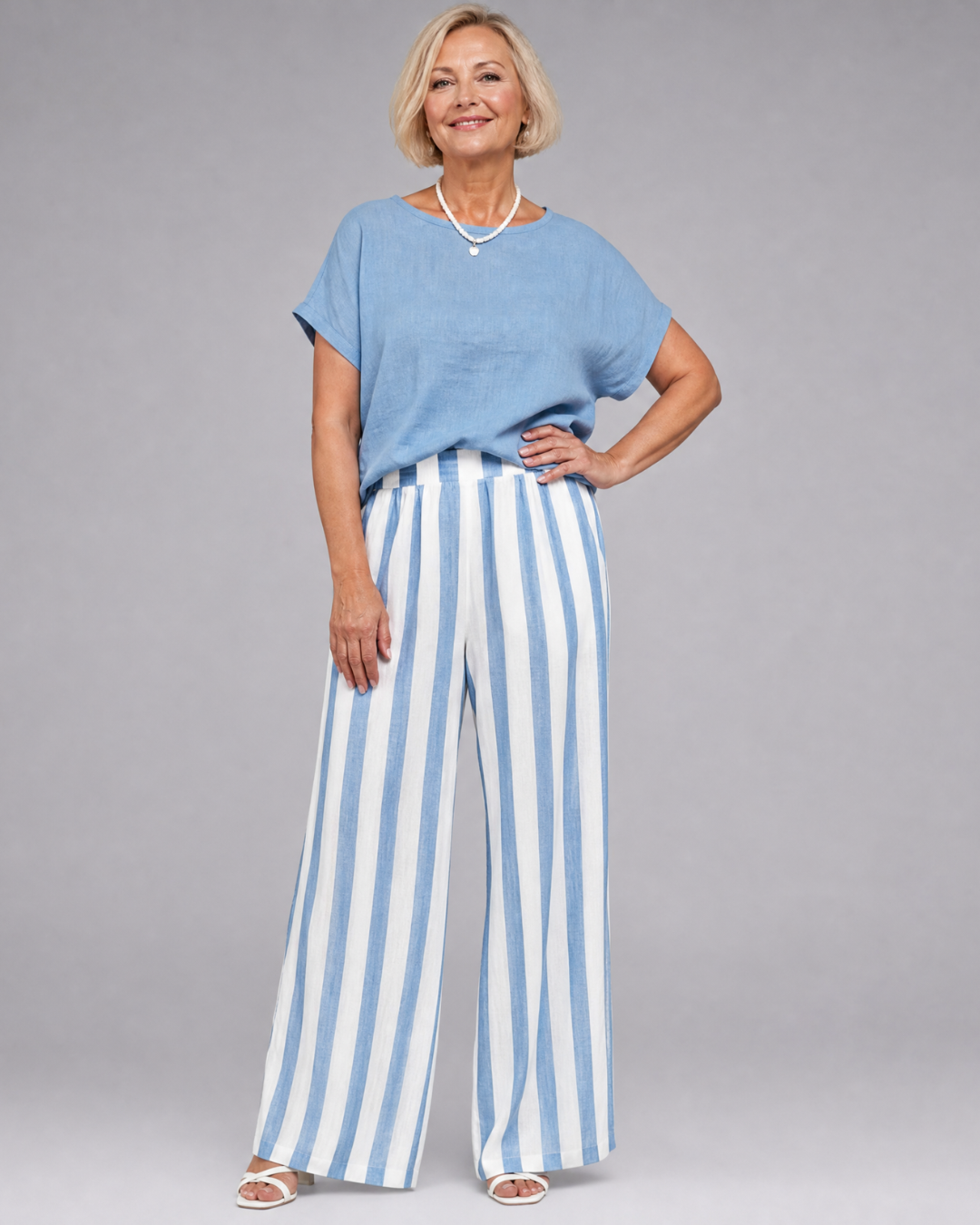 Miolna | Leinenmischung Top und gestreifte weite Hose Set
