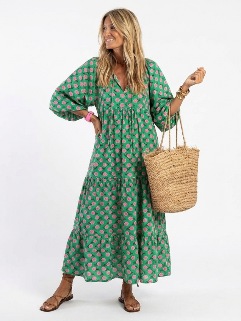 Fiora | Floral Print V-Ausschnitt Tiered Midi Kleid