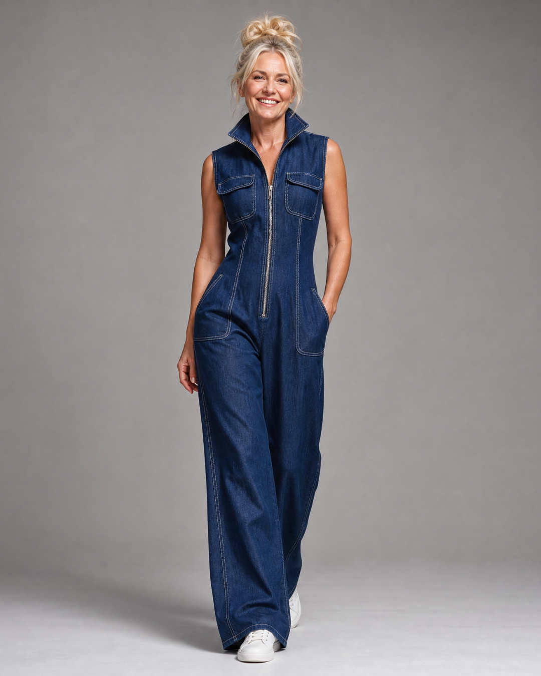 Samantha | Reißverschluss-Front Ärmelloses Denim Weitbein Jumpsuit