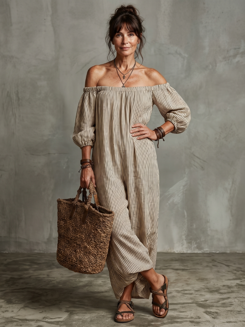 Euphemia | Gestreiftes Off-Shoulder-Maxikleid