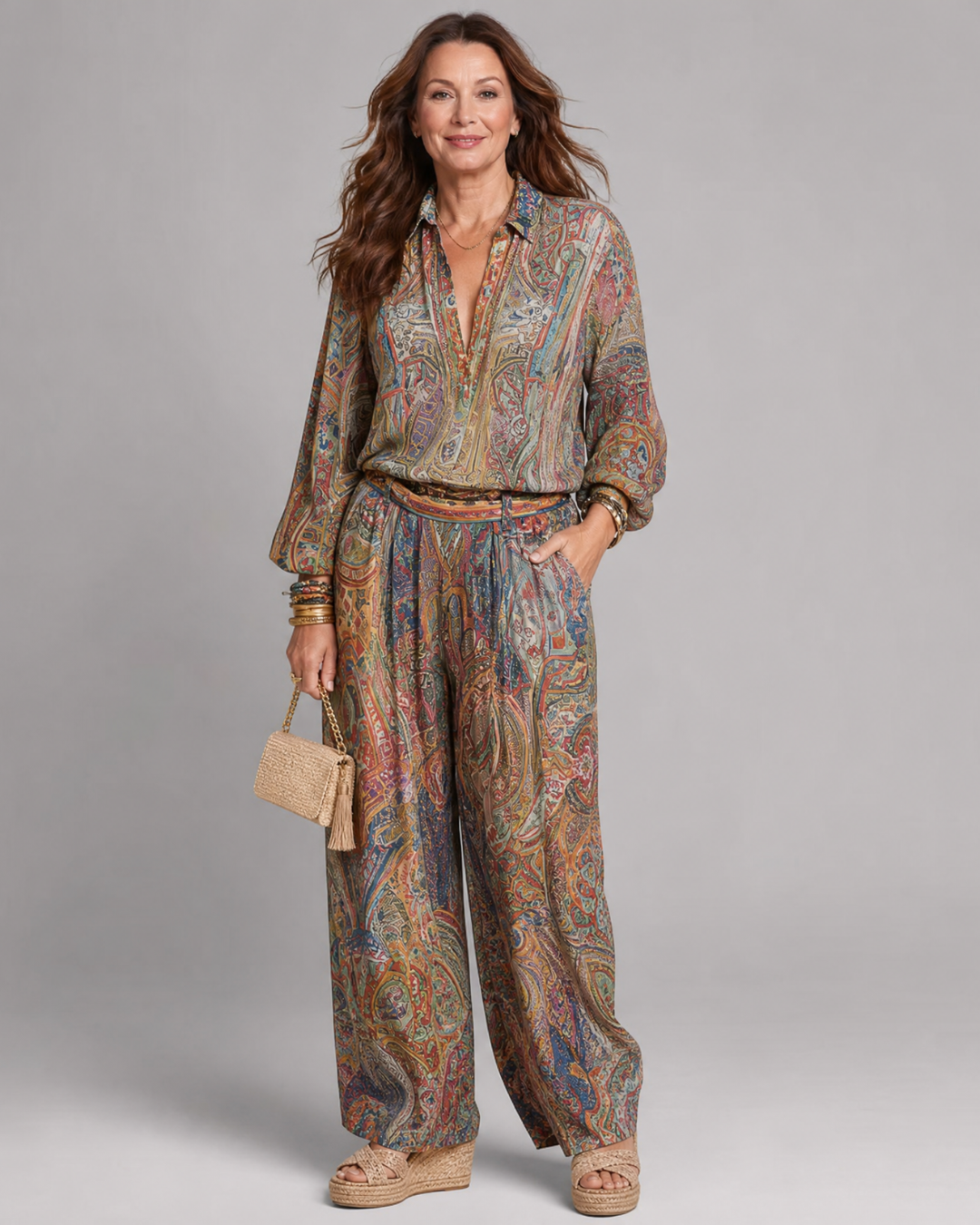 Virezza | Aufwändige Paisley-Print Bluse und weit geschnittene Hose Set