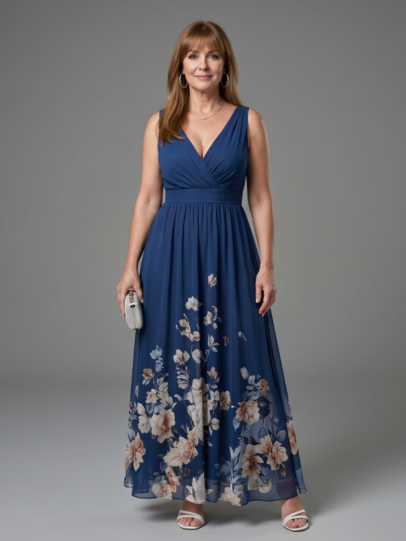 Clarissa | Ärmelloses V-Ausschnitt Midi-Kleid mit weichem floralem Saum